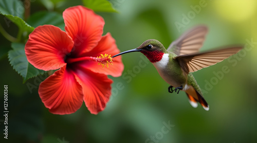 A vibrant hummingbird hovers near a red hibiscus flower, sipping nectar with its delicate beak. The stunning scene captures the beauty of nature, pollination, and the wonders of wildlife.