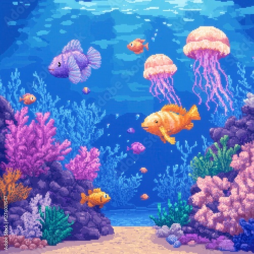 Pixel Art Colorful Underwater Scene with Fish and Jellyfish in Bright Coral Reef