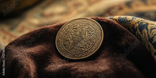 Ancient ottoman turkish coin resting on luxurious fabric