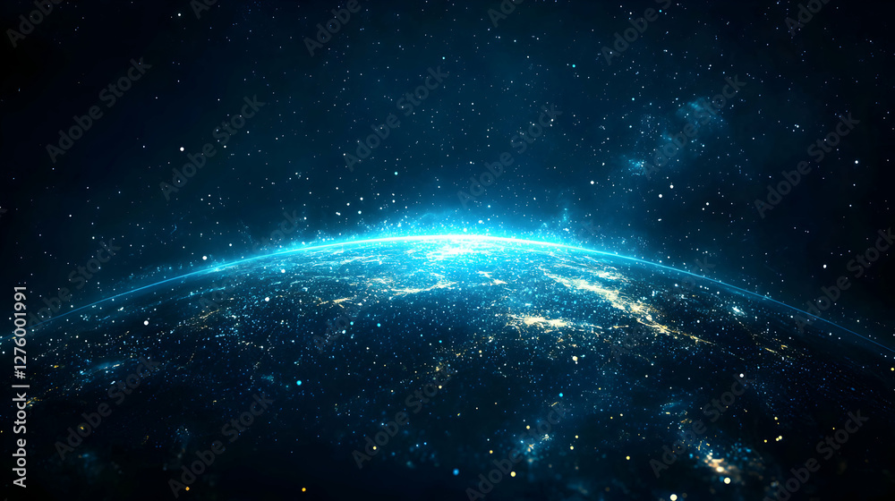 Obraz premium Abstract Dark Blue Space Background with Spherical Star Clusters and Light Flare