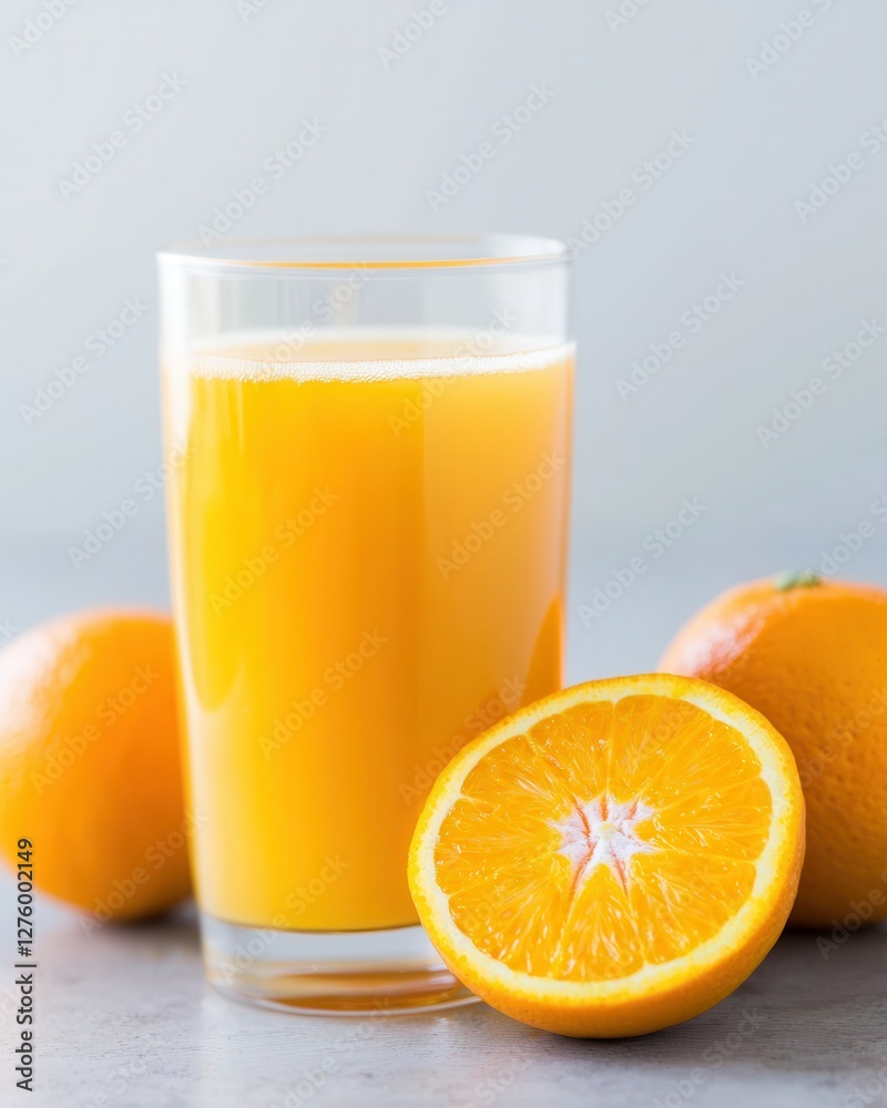 Refreshing Orange Juice in Glass with Fresh Oranges on Table Refreshing Orange Juice in Glass with Fresh Oranges on Table
