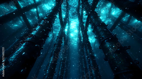 Abstract Dark Pattern with Blue Light Beams and Sparkling Dots