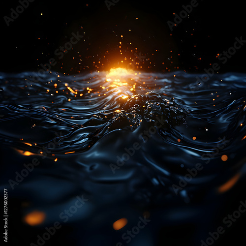 Abstract Dark Wavy Sea Surface with Gold Sparkles Dynamic Liquid Flow and Motion Background