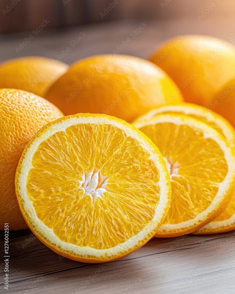 Freshly Cut Oranges with Bright Textures on Wooden Surface Freshly Cut Oranges with Bright Textures on Wooden Surface