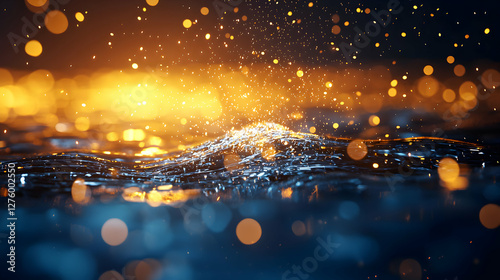 Abstract Digital Art With Sparkling Golden Light And Blue Surface With Bokeh Effect