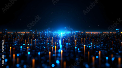 Abstract Digital Cityscape with Blue and Orange Glowing Lights at Night