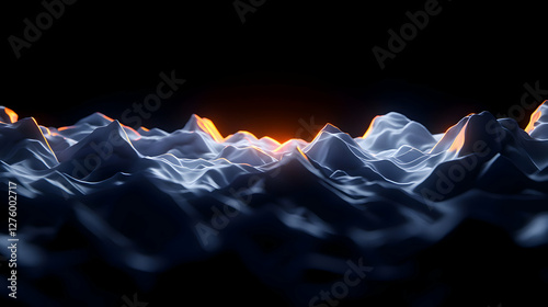 Abstract Digital Landscape of Glowing Mountains with Orange Light Against Dark Sky