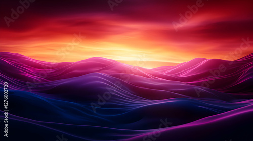 Abstract Digital Landscape with Pixelated Waves and Vibrant Sunset Sky