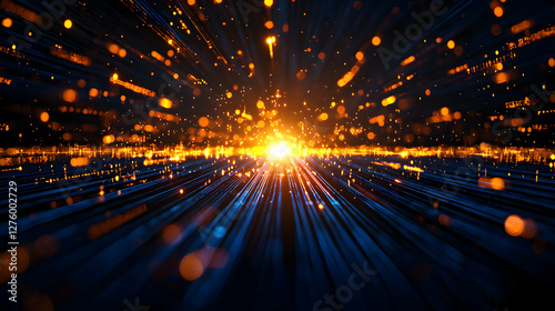 Abstract Digital Network Background with Glowing Light Streaks in Orange and Blue Tones