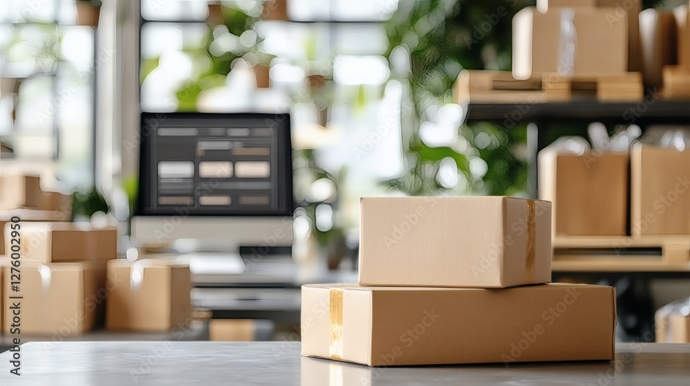 Workspace showcasing a modern shipping area with cardboard boxes and a computer screen displaying inventory details Workspace showcasing a modern shipping area with cardboard boxes and a computer screen displaying inventory details