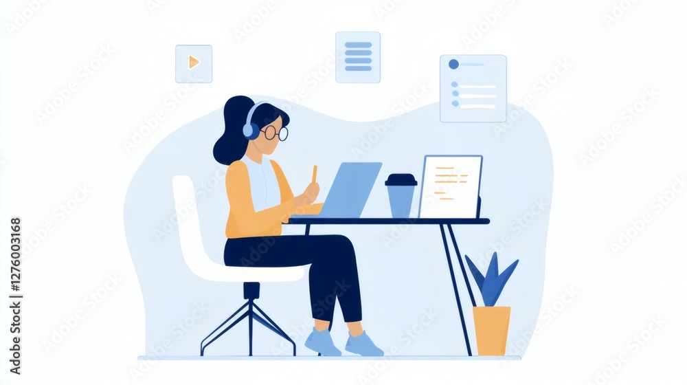 Fototapeta premium Focused individual working at a desk in a modern workspace while using a smartphone