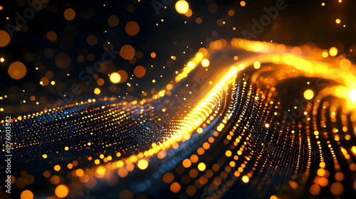 Abstract Glowing Digital Wave with Gold and Blue Particles on Black Background
