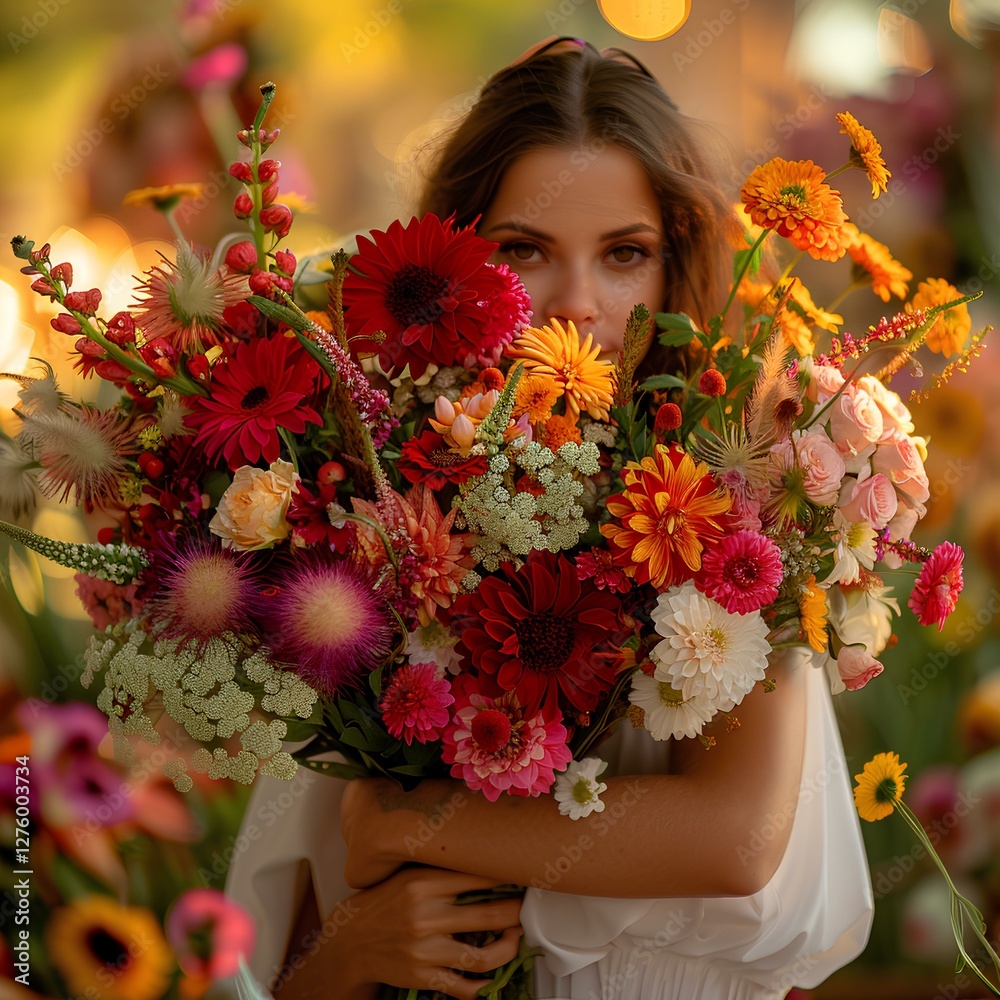 carrying a very large bouquet of beautiful flowers, that hides the girls face, funny, bright colors