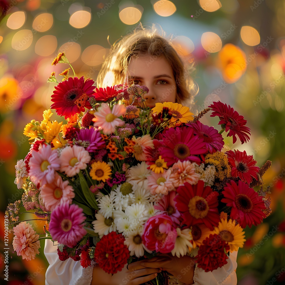 carrying a very large bouquet of beautiful flowers, that hides the girls face, funny, bright colors