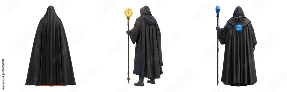 Mysterious Figure in Cloak with Magic Staffs Isolated on transparent background Mysterious Figure in Cloak with Magic Staffs Isolated on transparent background