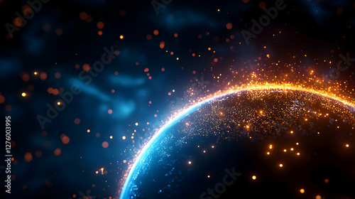 Abstract Glowing Sphere with Orange Particles on Dark Blue Background Creates an Energy Magic Effect