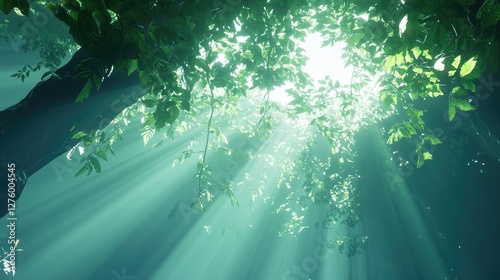 Green canopy with scattered sunlight breaking through, representing harmony and the natural world
