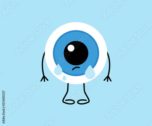 Eye with drops, cry, cute character. Lacrimation, watering. Health eyesight. Vector cartoon illustration