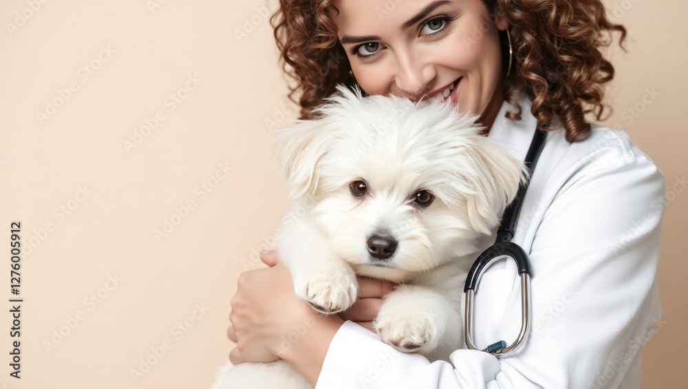 Veterinarian in white coat hugging adorable puppy Veterinarian in white coat hugging adorable puppy