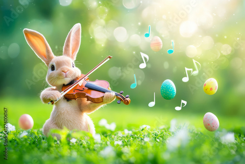 Obraz na płótnie A joyful Easter Bunny playing a tiny violin, with musical notes forming into floating pastel eggs in the soft springtime air. w salonie