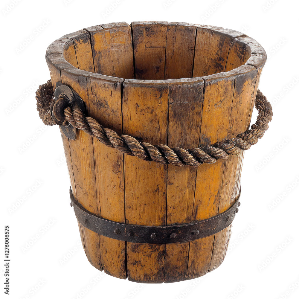 Rustic wooden bucket with rope handle on white background isolated on png transparent background, cut out Rustic wooden bucket with rope handle on white background isolated on png transparent background, cut out