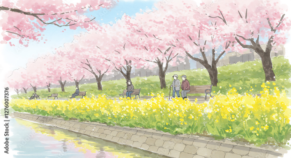 Obraz premium 春 桜と菜の花の風景を散歩するシニア層のシンプル背景イラスト 顔なし 表情なし Simple background illustration of elderly people taking a walk in a landscape of cherry blossoms and rape blossoms in spring No face No expression