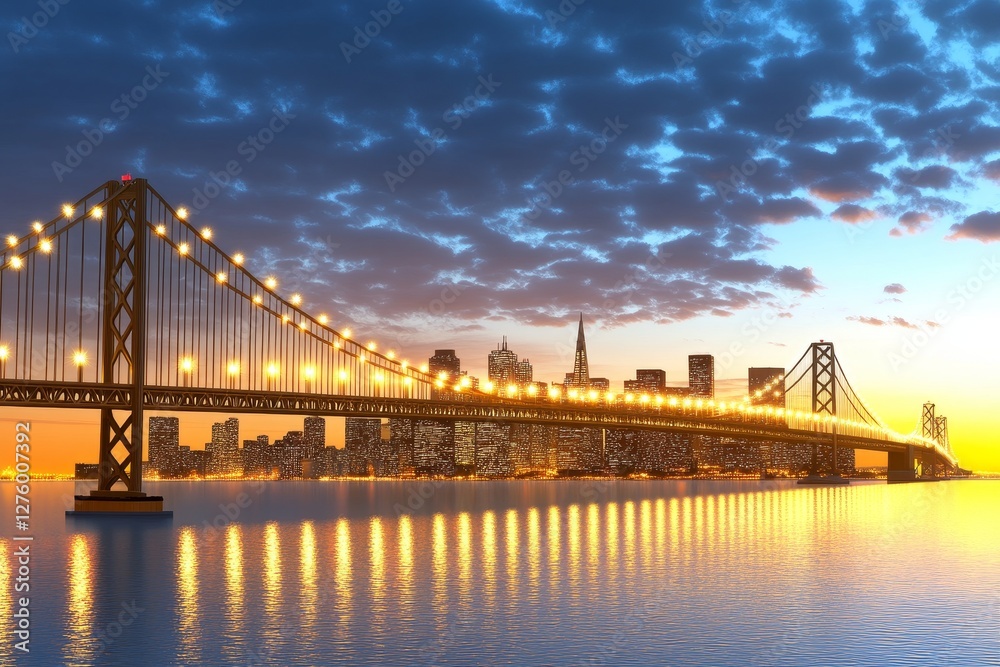 Naklejka premium Golden Gate Sunset Skyline - San Francisco's iconic Golden Gate Bridge at sunset, reflecting city lights on tranquil waters. Symbolizes urban beauty, travel, cityscape, progress, and nature's beauty
