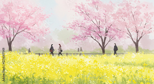 春 桜と菜の花 公園を散歩する人々のシンプル背景イラスト 顔なし 表情なし  Spring Cherry blossoms and rape blossoms Simple background illustration of people walking in a park No face No expression