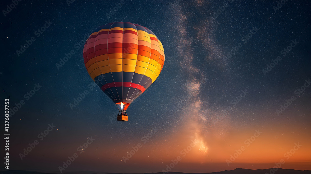 Fototapeta premium Hot air balloon night flight, Milky Way backdrop, adventure travel