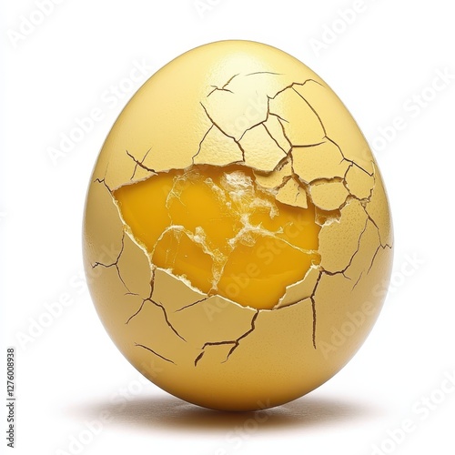 Cracked Golden Egg with Yellow Yolk, fragility concept.