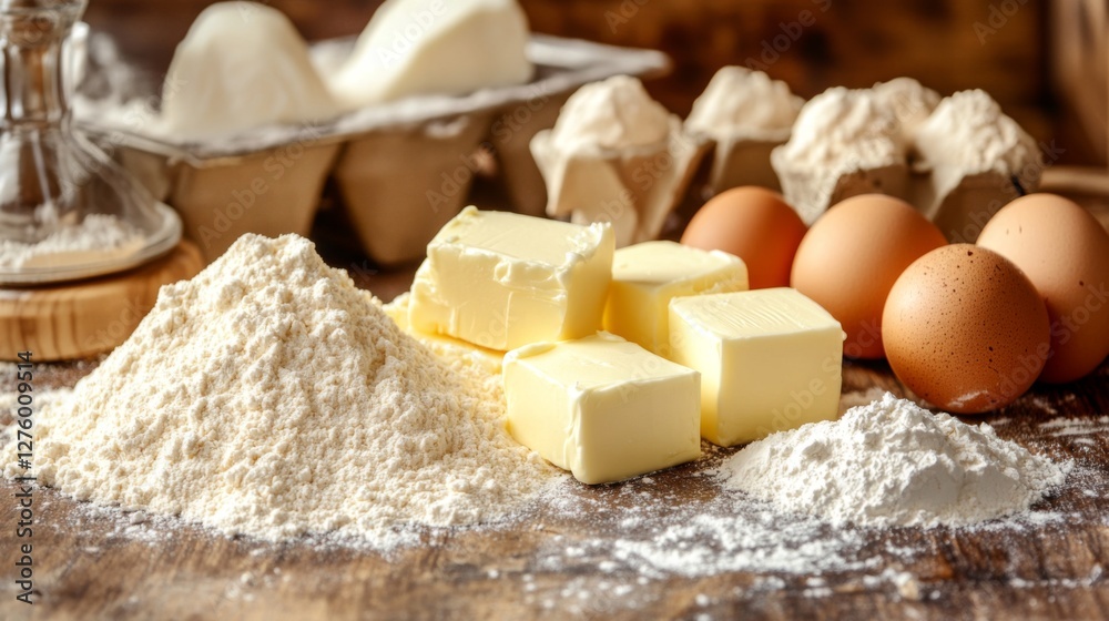 Baking ingredients on a rustic kitchen counter, featuring butter, flour, sugar, and eggs, all arranged for a warm, homemade baking scene Baking ingredients on a rustic kitchen counter, featuring butter, flour, sugar, and eggs, all arranged for a warm, homemade baking scene