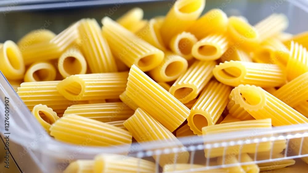 Close-up of uncooked pasta in a container, Italian cuisine, ideal for family meals, carb-rich diet, culinary preparation Close-up of uncooked pasta in a container, Italian cuisine, ideal for family meals, carb-rich diet, culinary preparation
