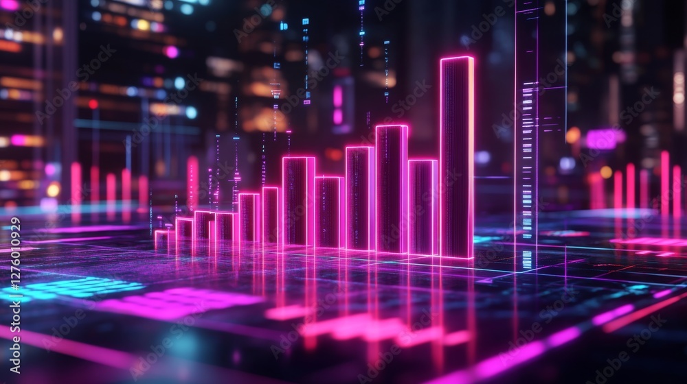 Dark-themed D bar chart with neon-colored bars and a digital grid base, capturing a futuristic data visualization aesthetic Dark-themed D bar chart with neon-colored bars and a digital grid base, capturing a futuristic data visualization aesthetic
