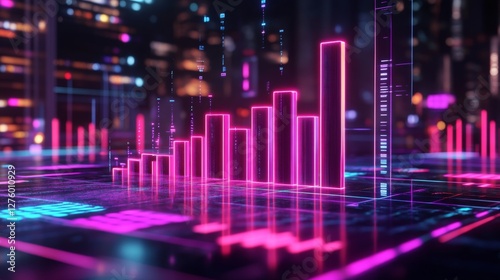 Dark-themed D bar chart with neon-colored bars and a digital grid base, capturing a futuristic data visualization aesthetic