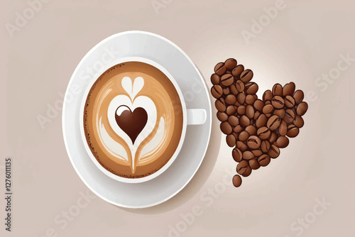 Cup of coffee with heart shape latte with beans, isolated on transparent background