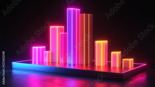 Modern D bar chart with neon-colored bars and gradient lighting, set against a dark background for a futuristic look