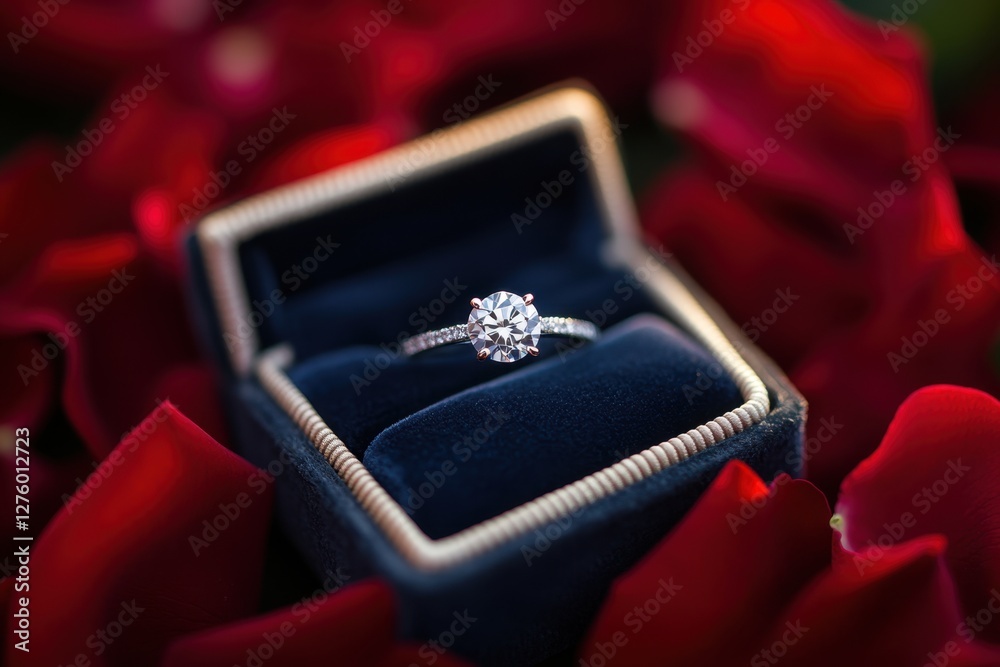Captivating diamond engagement ring displayed in an open box surrounded by rose petals romantic atmosphere close-up view perfect for proposals Captivating diamond engagement ring displayed in an open box surrounded by rose petals romantic atmosphere close-up view perfect for proposals