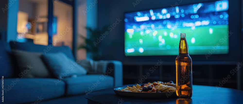 Obraz premium Beer bottle on table with blurred background, TV showing football, Copy space