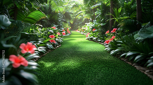 Lush Tropical Path Sunlit jungle walkway, vibrant flowers, tranquil background, ideal for travel or nature themes photo