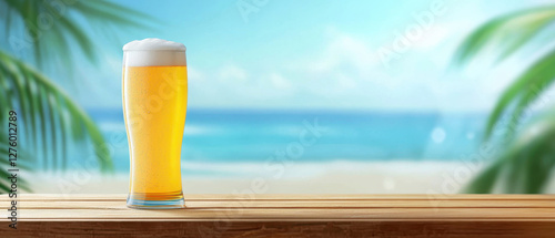 Cold beer glass on table and summer beach blur background, copy space