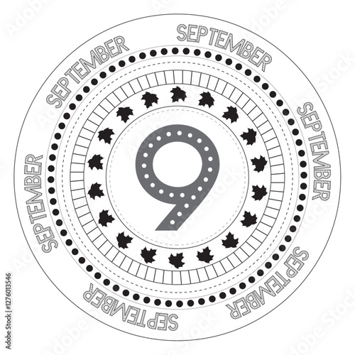 Round pattern with the number nine in the middle and maple leaf in a circle. Calendar for September