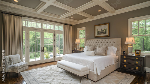 Luxurious bedroom with French doors, pool view, and coffered ceiling; ideal for real estate listings