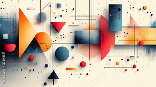 Abstract geometric shapes composition; colorful; dynamic;  background with patterns.  Possible use graphic design, presentation backdrop photo