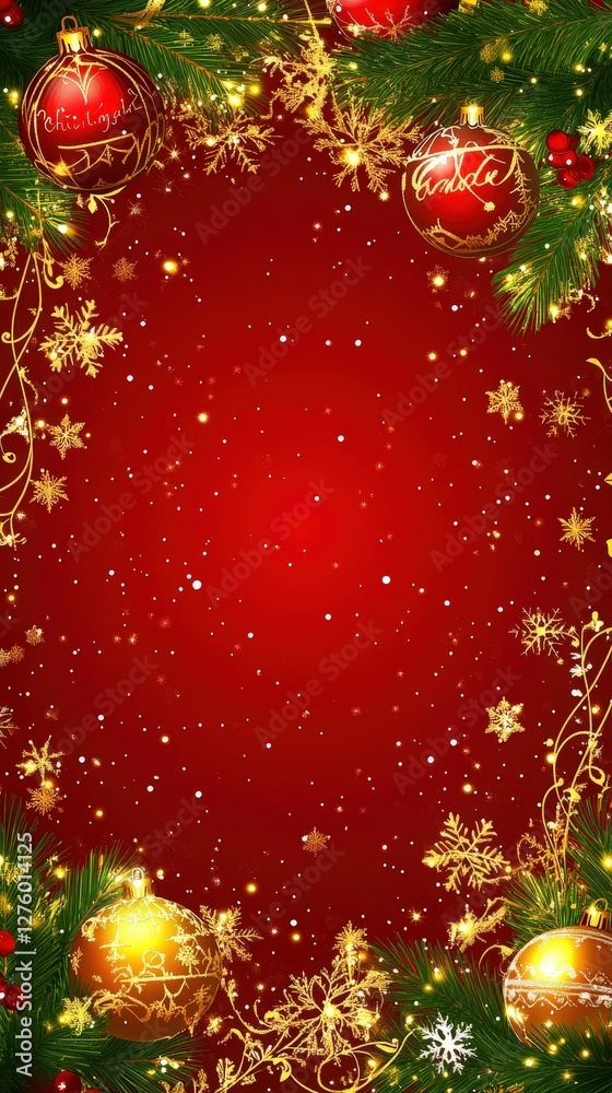 Festive Christmas frame, red background, golden ornaments, holiday greeting card Festive Christmas frame, red background, golden ornaments, holiday greeting card