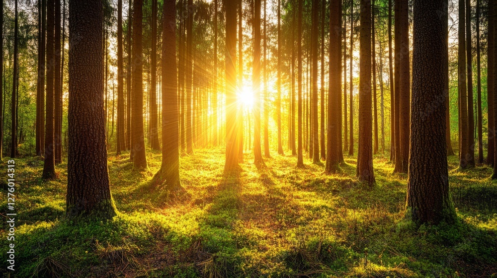 Obraz premium Sunset view with warm, golden sunlight streaming through a forest, illuminating the trees and creating a beautiful contrast