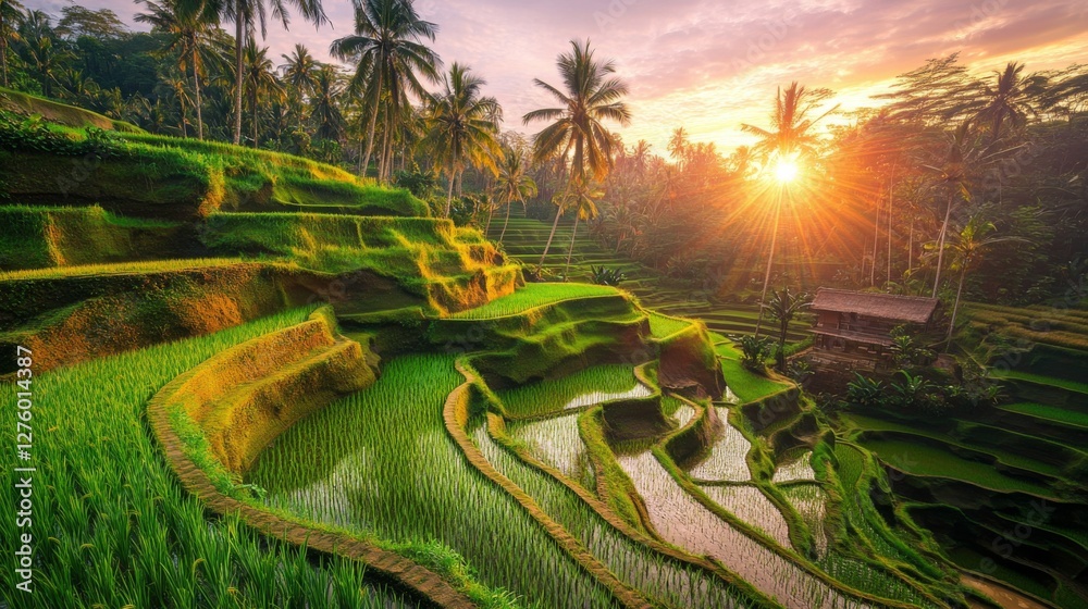 Sunlit rice paddy field with vibrant green stalks swaying in the wind, showcasing the beauty of rice cultivation at sunset Sunlit rice paddy field with vibrant green stalks swaying in the wind, showcasing the beauty of rice cultivation at sunset