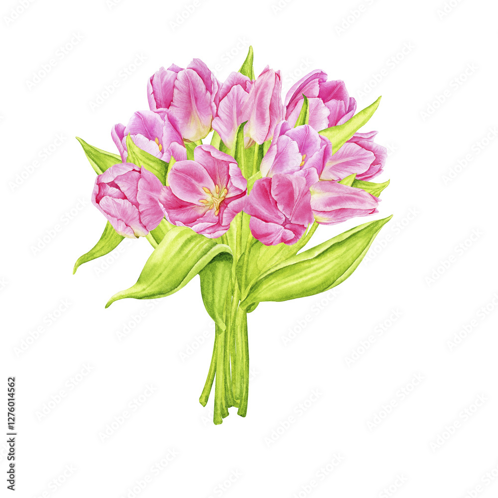 Obraz premium Bouquet of pink watercolor tulips. Composition for postcards, posters, invitations. Spring, Mother's Day, Easter, Women's Day, Birthday. Hand drawn illustration isolated on transparent background.