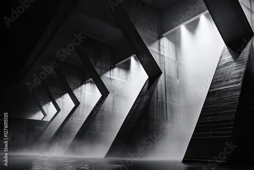 A colossal brutalist dam, with imposing geometric architecture, harsh lighting, and an eerie mist rising from the water below.