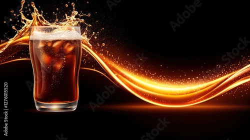 Refreshing Cola Drink Splash with Golden Wave Design