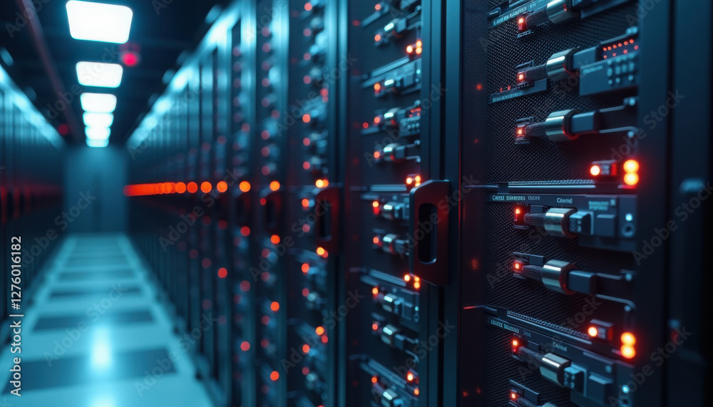 Futuristic Server Room in Dark Metallic Style with Red and Blue Lighting for Data Center Infrastructure Futuristic Server Room in Dark Metallic Style with Red and Blue Lighting for Data Center Infrastructure